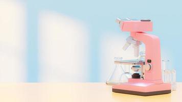 Pink pastel microscope on table with test tubes. in the blue lab. Space for banner and logo. Science and laboratory background concept. photo