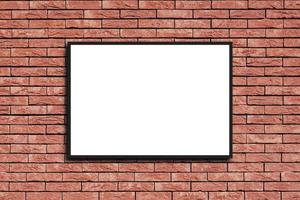 Mock up blank poster picture frame hanging on red brick wall background in room photo