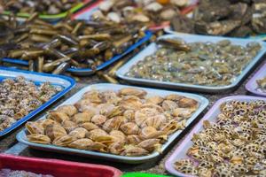 Variety of fresh seafood on market. Fresh salmon, sea bass, red snapper, mackerel, crab, lobster, shrimp, black mussels, oyster, scallop and octopus on ice in market photo