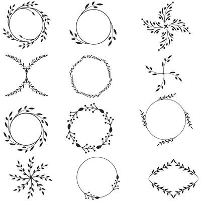 Set of floral hand-drawn brushes, borders, round frames in doodle style on white background. Vector illustration