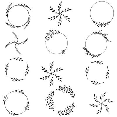 Set of floral hand-drawn brushes, borders, round frames in doodle style on white background. Vector illustration