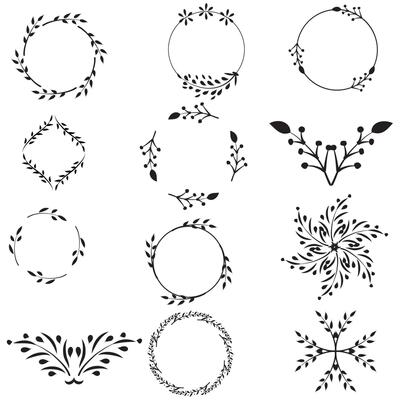 Set of floral hand-drawn brushes, borders, round frames in doodle style on white background. Vector illustration