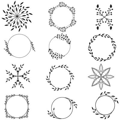 Set of floral hand-drawn brushes, borders, round frames in doodle style on white background. Vector illustration