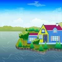 Rural landscape vector illustration. Countryside houses exterior. Cottages on nature. Field and blue sky scenery. Country villa.