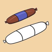 A set of pictures for a coloring book, a long smoked sausage with bacon, a vector cartoon illustration on a beige background