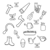 A large set of garden tools for caring for plants, vector illustration on a white background, A set of pictures, a coloring book