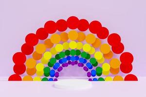 Representación 3d para el producto en el fondo de la pantalla vacía, símbolo de amor lgbtq con escaparate vacío del podio. mes del orgullo, símbolo de paz, fondo de color del arco iris foto