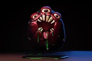 Creepy monster with three eyes, a huge number of fangs, saliva flows, on a black background. 3D rendering photo