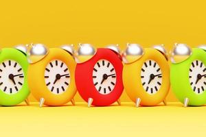 3d illustration multicolored cartoon alarm clocks stand in a row to wake up on an isolated monochrome background photo