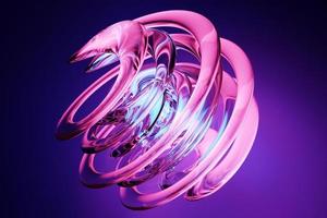 Forma de neón rosa dinámica abstracta con objetos lisos azules, lados. Ilustración 3d y renderizado. fondo de línea elegante. foto