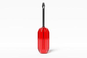 3D illustration of a screwdriver with a red handle in cartoon style on a white isolated background. Hand carpentry tool for DIY shop. photo