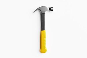 3D illustration of a metal hammer with a yellow handle hand tool isolated on a white background. 3D render and illustration of repair and installation tool photo