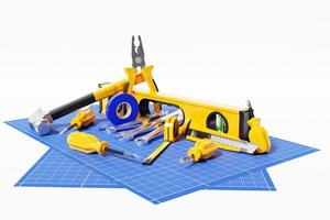 3D illustration of a metal hammer, screwdrivers, pliers, level, tape measure, electrical tape, cutter with yellow handle on graph paper. 3D rendering of a hand tool for repair and installation photo