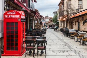 Side, Turkey, February 20, 2022-Wooden cafe chairs, table photo