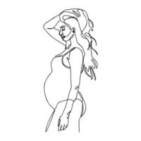 One line drawing, continuous line modern illustration of woman silhouette, pregnant lady vector