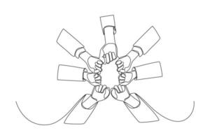 One single line drawing. Hands of team worker making circle with clenched fists. Teamwork united to achieve success.  concept continuous line draw design vector. vector