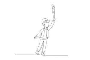 One continuous line drawing of Muslim boy using torch to celebrate Islamic new year. Happy Islamic new Year. Single line draw design vector graphic illustration.