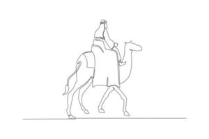 One continuous line drawing of Arab youth riding a camel. Happy Islamic new Year. Single line draw design vector graphic illustration.