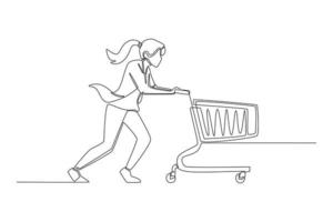 Continuous one line drawing happy young girl using a cart for shopping. Flash sale and Discount concept. Single line draw design vector graphic illustration.