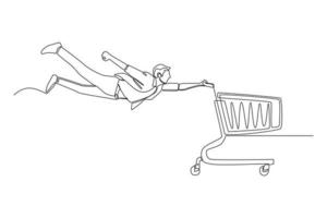 Continuous one line drawing happy young boy flying and holding a cart at shopping. Flash sale and Discount concept. Single line draw design vector graphic illustration.