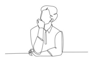 Single one line drawing Businessman thinking about question, pensive expression. Doubt concept.. Continuous line draw design graphic vector illustration.