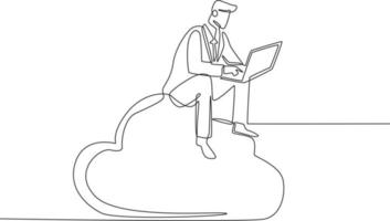 Single one line drawing businessman with laptop sitting on the cloud. Working big data concept. Continuous line draw design graphic vector illustration.