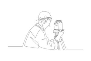 Continuous one line drawing construction worker use telescopes to survey contour the land. Road and building construction concept. Single line draw design vector graph