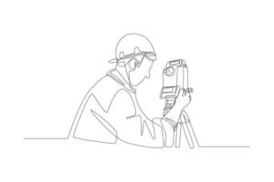 Continuous one line drawing construction worker use telescopes to survey contour the land. Road and building construction concept. Single line draw design vector graph