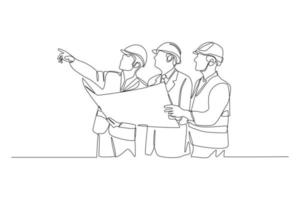 Continuous one line drawing engineering team checking construction plan in work area. Road and building construction concept. Single line draw design vector graphic illustration.