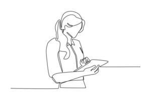 Single one line drawing Businesswomen checking schedule in tablet. Planning and scheduling concept. Continuous line draw design graphic vector illustration.