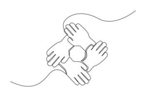 One single line drawing. Ring of Hands Teamwork. Teamwork united to achieve success. Concept continuous line draw design vector. vector
