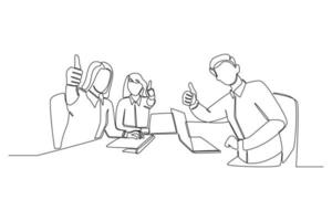 One single line drawing. Businessman and women give thumb up after meeting. Teamwork united to achieve success.  concept continuous line draw design vector. vector