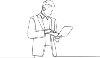 Single one line drawing businessman holding and typing laptop in his hand. Working big data concept. Continuous line draw design graphic vector illustration.