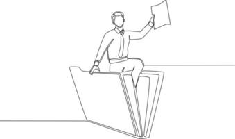 Single one line drawing businessman holding Document data sitting on folder. Working big data concept. Continuous line draw design graphic vector illustration.