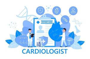 Cardiologist concept vector for web header. Hypo-tension and hypertension disease illustration for cardiology app, web. Symptoms and prevention blood pressure. Tiny doctors treat heart.