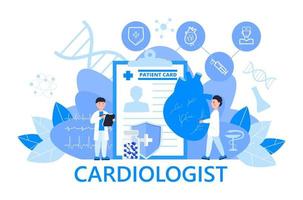 vector de concepto de cardiólogo para encabezado web. ilustración de la enfermedad de hipotensión e hipertensión para la aplicación de cardiología, web. síntomas y prevención de la presión arterial. pequeños médicos tratan el corazón.