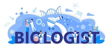 concepto de aprendizaje en línea de biólogo. tecnología biológica, vector de ciencia biotecnológica. los científicos estudian microorganismos en el microscopio. ilustración de investigación médica para página de inicio, banner.