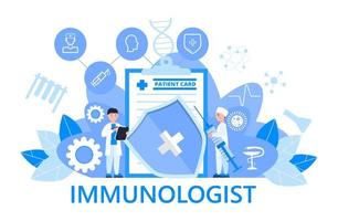 Immunologist concept vector for medical app, web, banner. Time to vaccinate. Measles, flu, corona-virus vaccine illustration. Tiny doctor of immunology taking syringe.