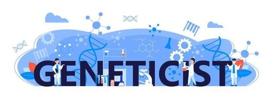 Geneticist concept vector for header website. Innovation, scientific research and online studying. Chemistry, medicine researchers are working. Scientists study microorganisms in microscope.