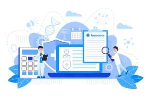 concepto de vector de seguro de salud, las personas con médico llenan el formulario de seguro de salud en línea. servicio de agente de ayuda para calcular la factura del seguro. se puede usar para la página de destino, la interfaz de usuario, la web