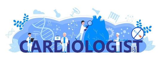 vector de concepto de cardiólogo para encabezado web. ilustración de la enfermedad de hipotensión e hipertensión para la página de inicio de cardiología. síntoma y prevención de la presión arterial. pequeños médicos tratan el corazón.