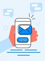 Alert message mobile notification concept. Hand is holding smartphone with email notification on screen. Send message, e-mail icon reminder vector illustrations.