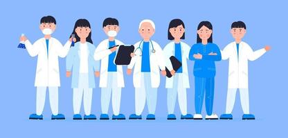 Doctors together concept vector. Front-liners are fighting against virus, illness. Therapist, surgeon, scientist are shown. The doctor wears a mask and writes medical history. vector