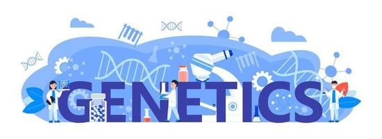 Geneticist concept vector for header website. Innovation, scientific research and online studying. Chemistry, medicine researchers are working. Scientists study microorganisms in microscope.