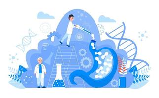 Gastroenterology concept vector. Stomach doctors examine, treat dysbiosis. Tiny gastroenterologist looks through magnifying glass at harmful bacteria. Gastritis, stomach ulcer illustration vector