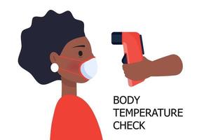 se requiere control de temperatura corporal. termómetro sin contacto en la mano. mujer africana lleva máscara en la cara. prevención del coronavirus, vector de control aislado sobre fondo blanco.