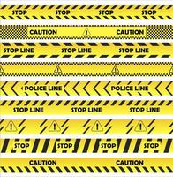 Stop on floor stripes set vector. Restrictive tape stickers in yellow with stripes to separate people. Police line is text on seamless tapes. Barricade, barrier line vector