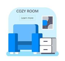 Cozy room concept vector for web, app. Apartment, hostel booking illustration in flat style. Chair and bedside table in dorm or hotel rooms.