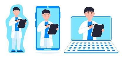 Tele medicine or online doctor. Online medical consultation concept vector. Ask a therapist or family female doctor. Set of andrologist on the laptop, phone screen, standing. Mobile health care. vector