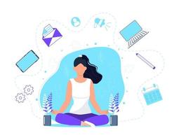 Business yoga concept vector. Office meditation, self-improvement, controlling mind and emotions, zen relax concentration yoga practice. Woman is sitting in lotus position.